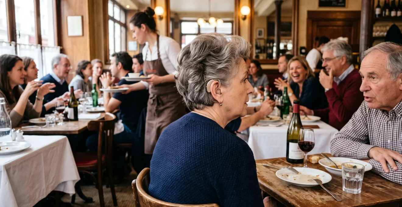 Femme portant une aide auditive écoutant son interlocuteur dans un restaurant où plusieurs personnes discutent autour d'elle.
