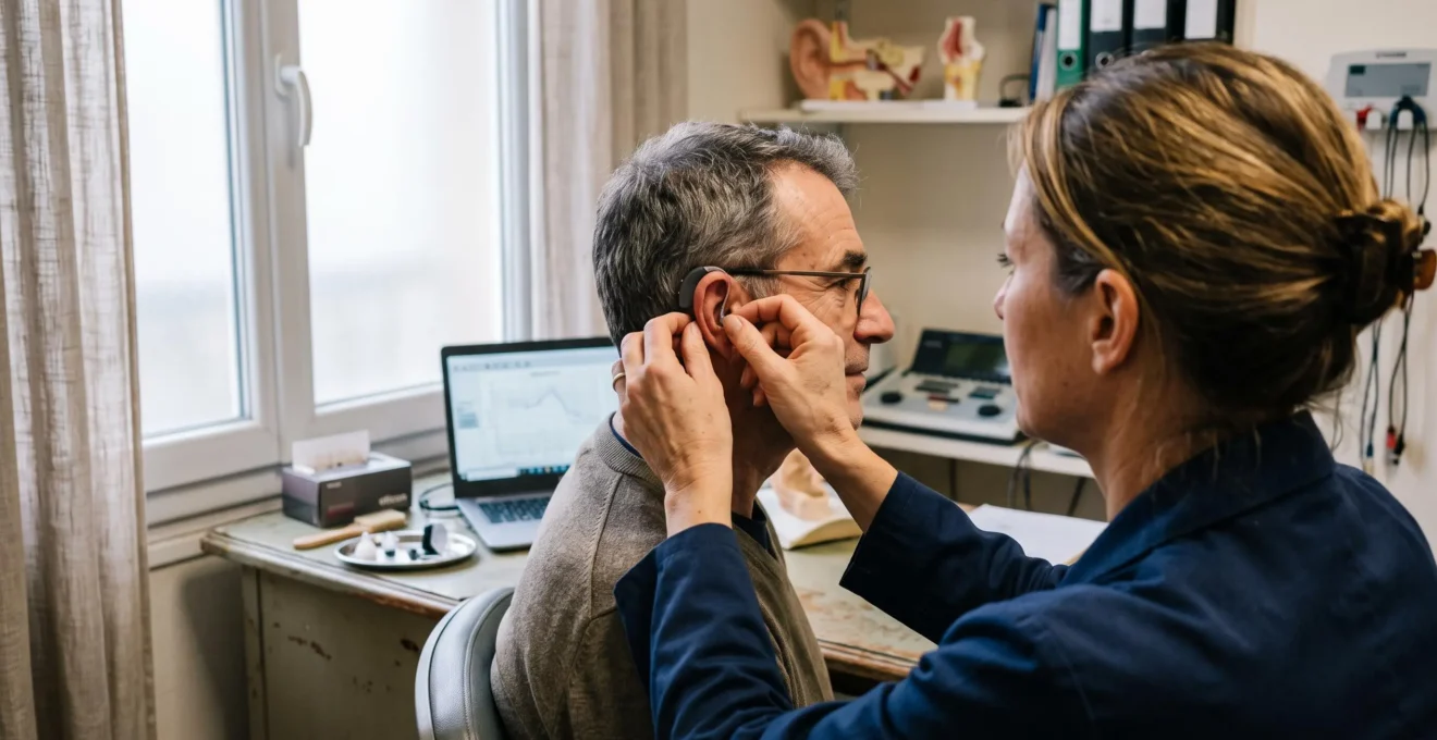 Un audioprothésiste ajuste une aide auditive derrière l'oreille d'un patient assis dans un cabinet during une séance d'appareillage.