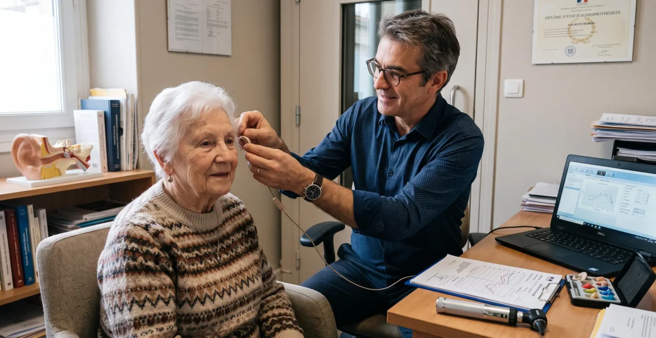 Un audioprothésiste ajuste une aide auditive derrière l'oreille d'une patiente âgée lors d'une séance de réglage dans son cabinet.