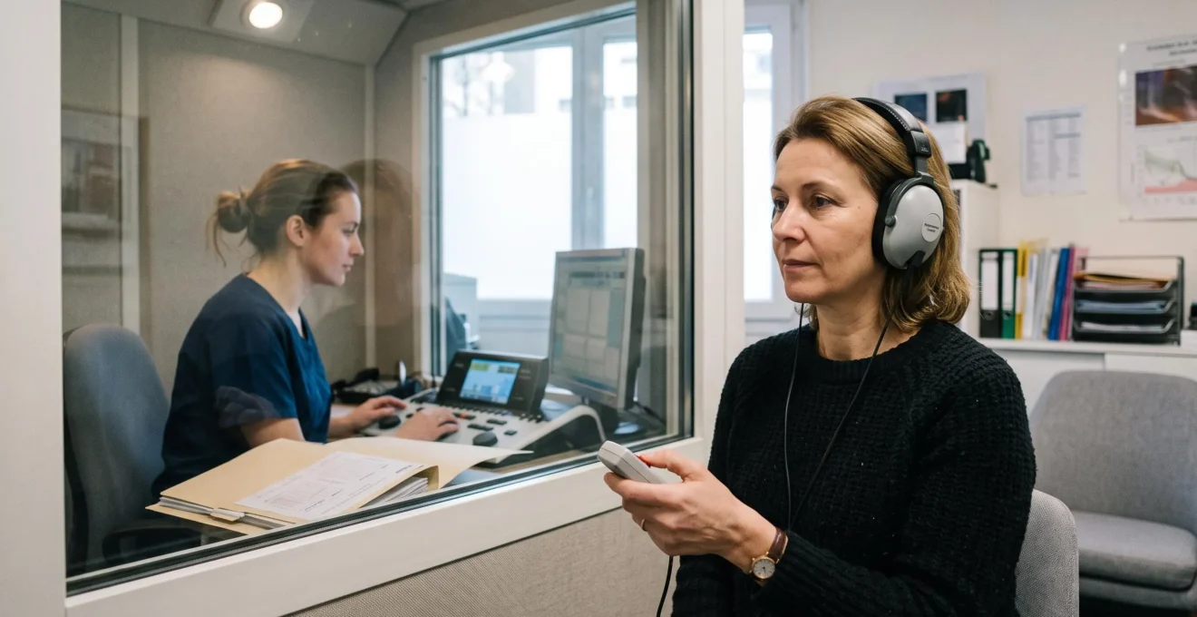 Une femme réalise un test auditif au casque dans une cabine insonorisée sous la surveillance d'une professionnelle de l'audition.