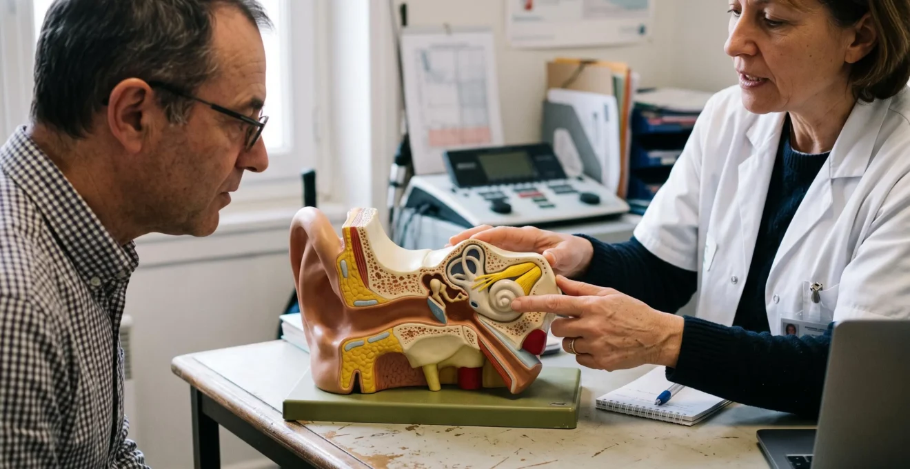 Professionnel de l'audition montrant la cochlée sur un modèle anatomique de l'oreille à un patient dans un cabinet.