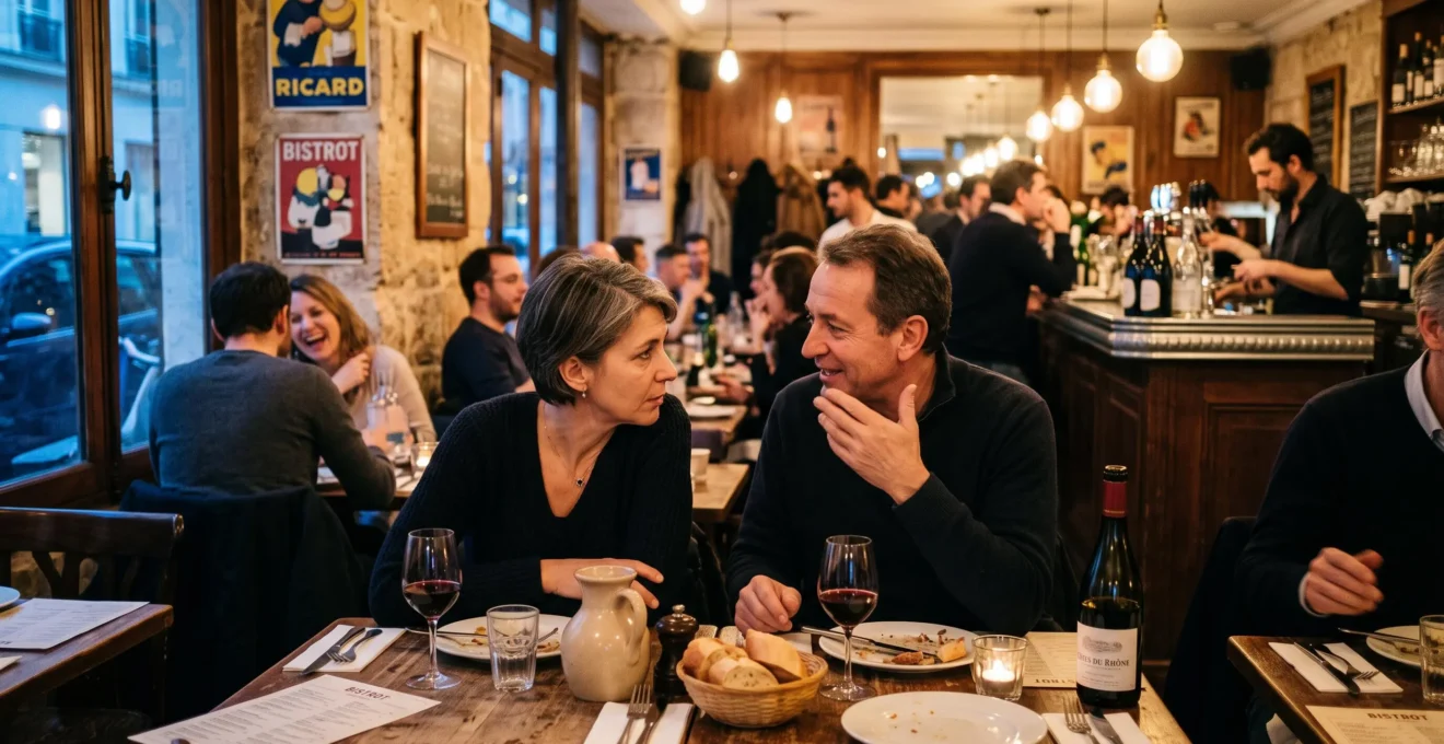Une femme penche la tête pour mieux entendre son interlocuteur attablé dans un restaurant bruyant.