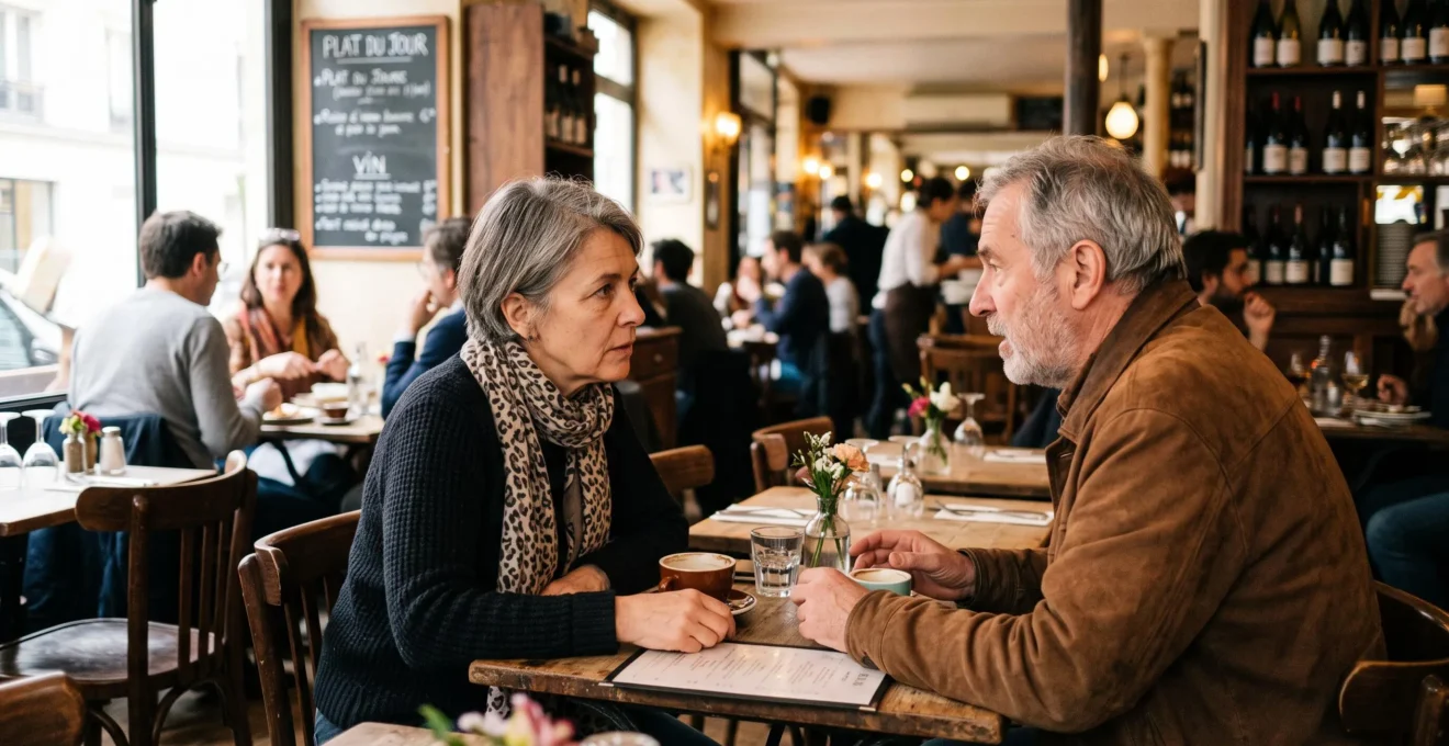 Une femme se penche en avant pour observer les lèvres de son interlocuteur lors d'une conversation dans un restaurant.