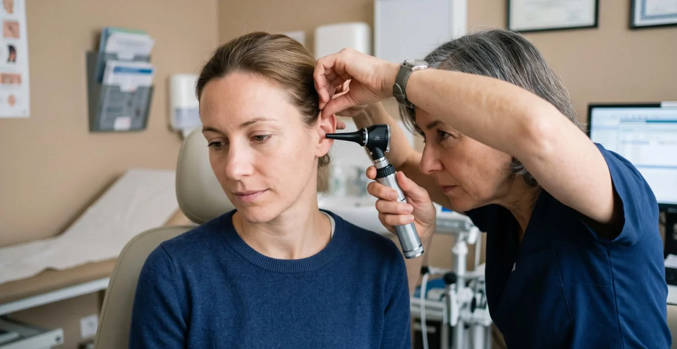 Un professionnel de santé examine le conduit auditif d'un patient avec un otoscope dans un cabinet médical.
