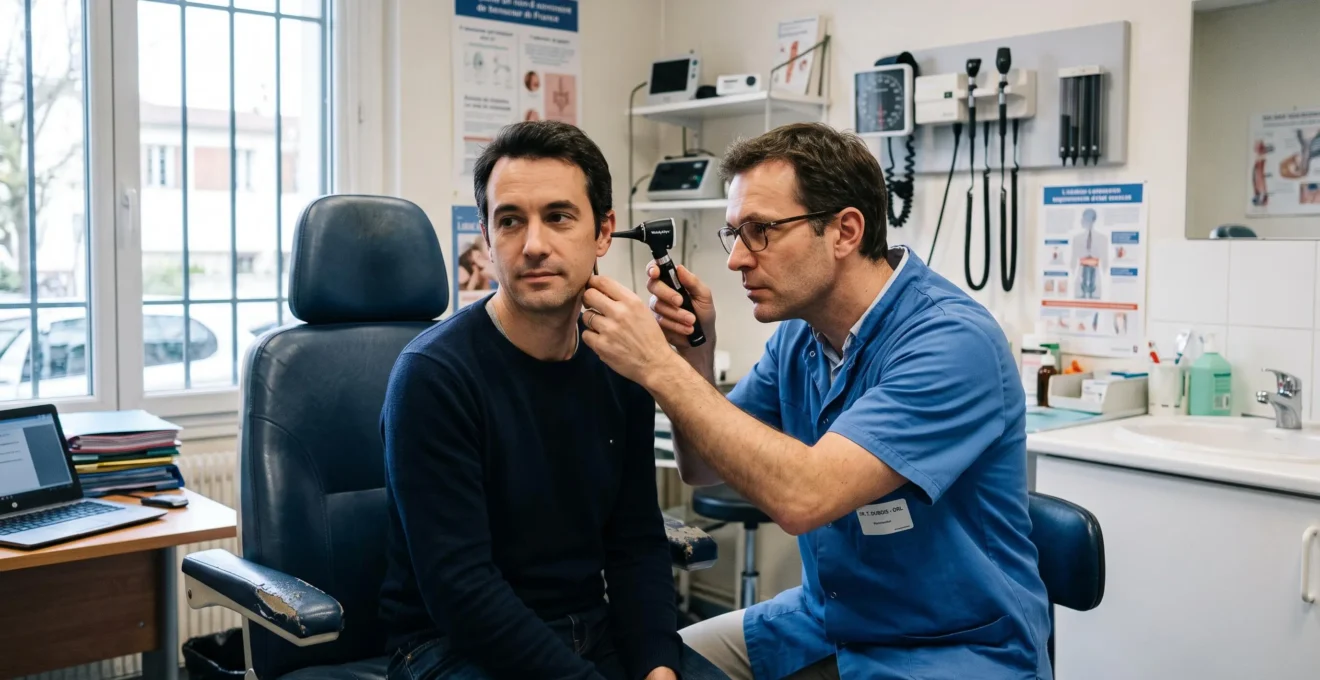 Un médecin ORL examine l'oreille d'un patient avec un otoscope dans un cabinet médical éclairé à la lumière naturelle.