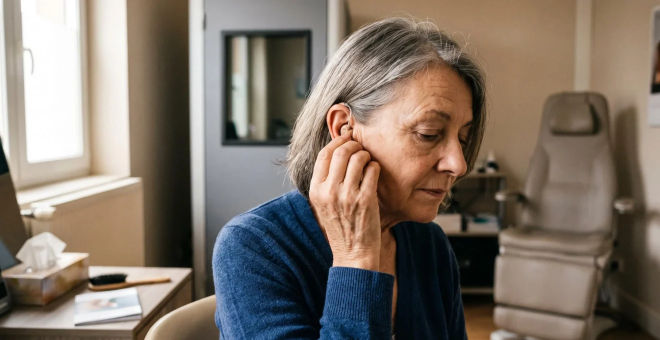 Une femme insère un appareil auditif intra-auriculaire dans son oreille droite dans un cabinet d'audiologie.