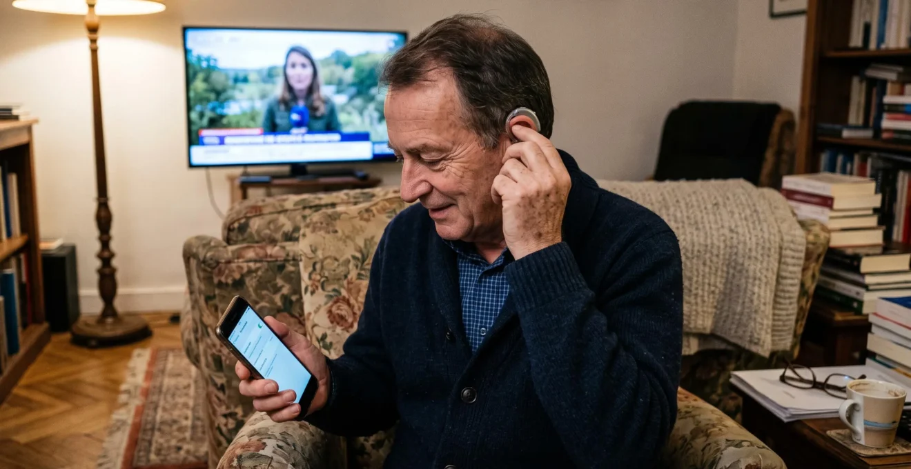 Un homme âgé ajuste son aide auditive tout en appariant son smartphone, assis dans son salon avec la télévision allumée en arrière-plan.