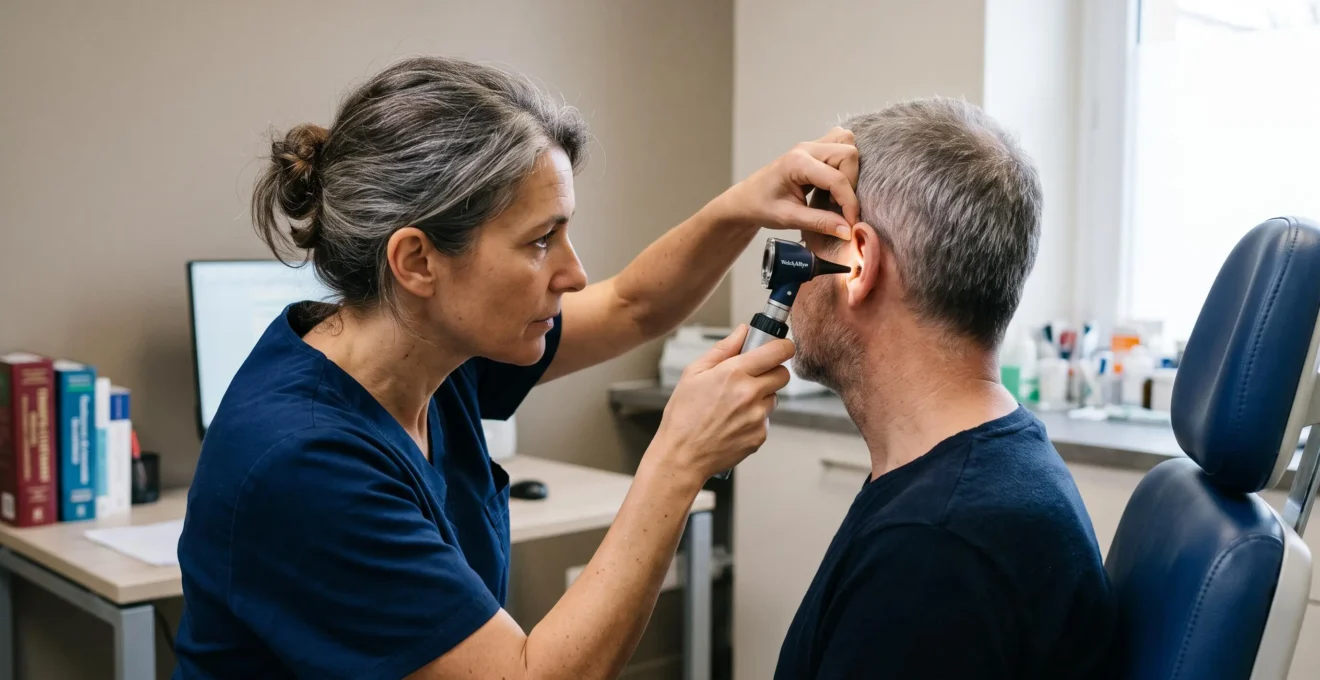 Un médecin examine le tympan d'un patient adulte à l'aide d'un otoscope dans un cabinet ORL.