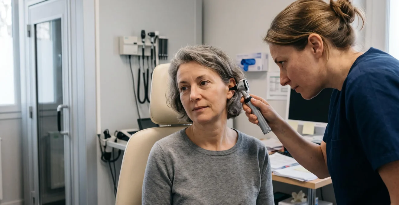 Un médecin ORL examine l'oreille d'un patient assis à l'aide d'un otoscope dans un cabinet d'audiologie.