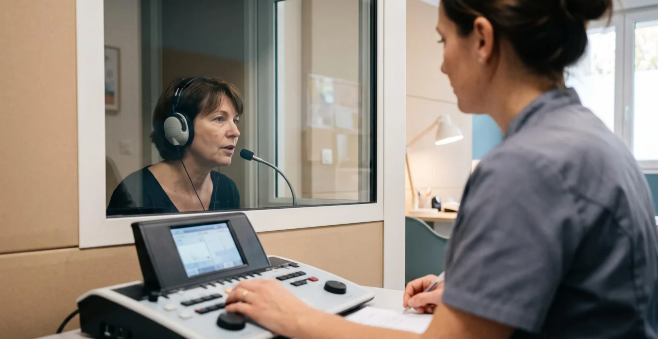 Patient portant un casque audiométrique pendant un test de compréhension de la parole dans une cabine insonorisée.