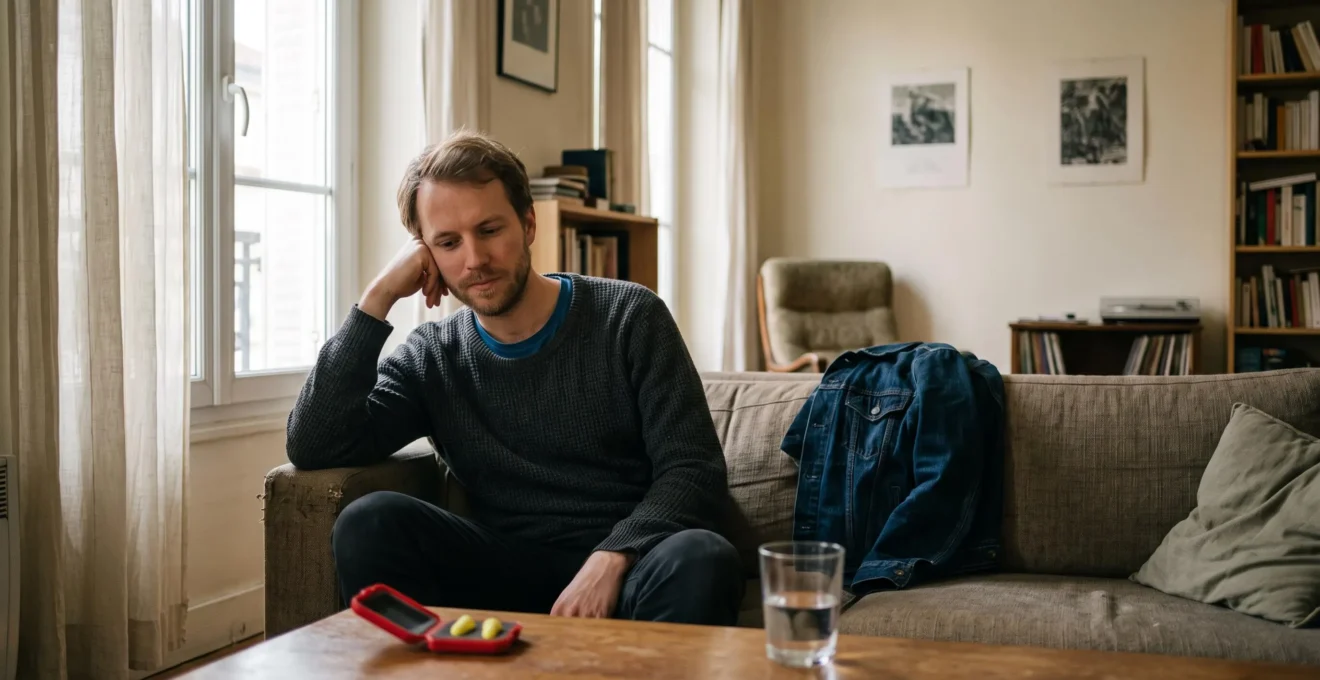 Un homme assis dans un salon calme, au repos auditif, avec une boîte de bouchons d'oreilles posée sur la table basse.